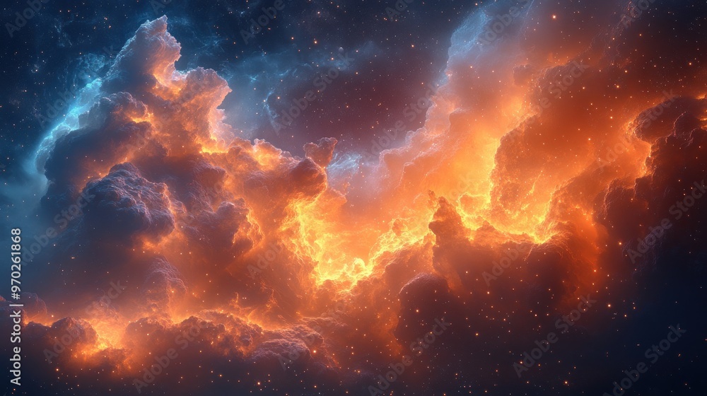 Fototapeta premium Cosmic Cloudscape: A Symphony of Fire and Stars