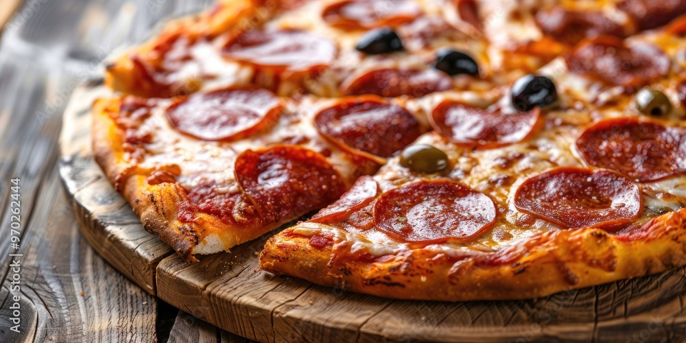 Pepperoni pizza wedges adorned with olives on a traditional wooden surface Pepperoni pizza wedges adorned with olives on a traditional wooden surface