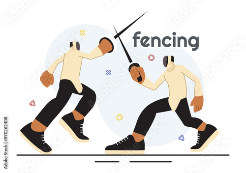 Fencing Player Sport Vector Illustration featuring a Fencer Competing on the Piste in a Sword Duel Competition Event with a Flat Cartoon Background