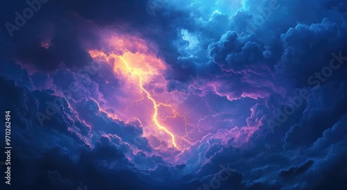 A single bolt of lightning strikes through dramatic stormy clouds with a vivid glow.