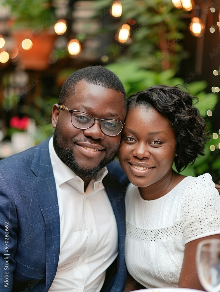A black couple, both smiling and looking directly at the camera, enjoying a romantic dinner together on a bright, well-lit restaurant patio A black couple, both smiling and looking directly at the camera, enjoying a romantic dinner together on a bright, well-lit restaurant patio