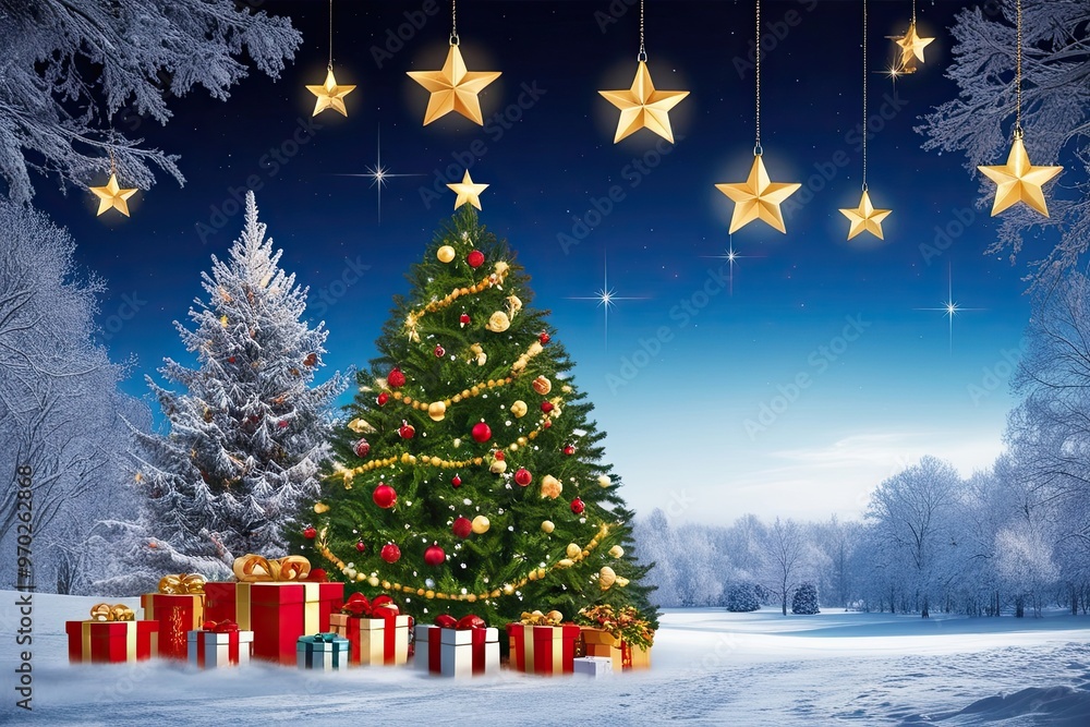 Obraz premium Stunning Winter Scene with Beautiful Christmas Tree and Sparkling Stars