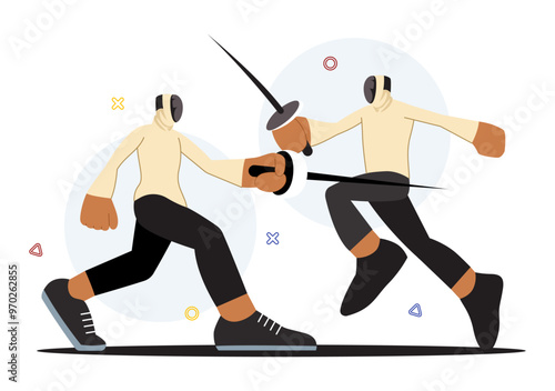 Fencing Player Sport Vector Illustration featuring a Fencer Competing on the Piste in a Sword Duel Competition Event with a Flat Cartoon Background