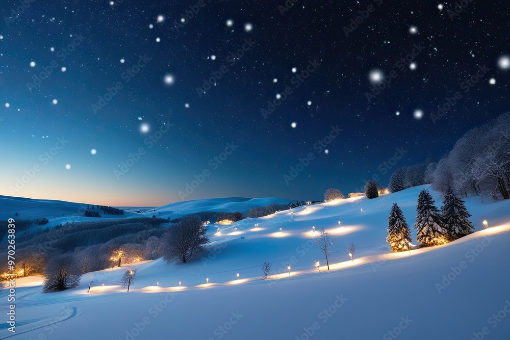 Naklejka premium Enchanting Winter Wonderland with Snowy Hills Sparkling Lights and Gentle Snowflakes Under a Starry Night
