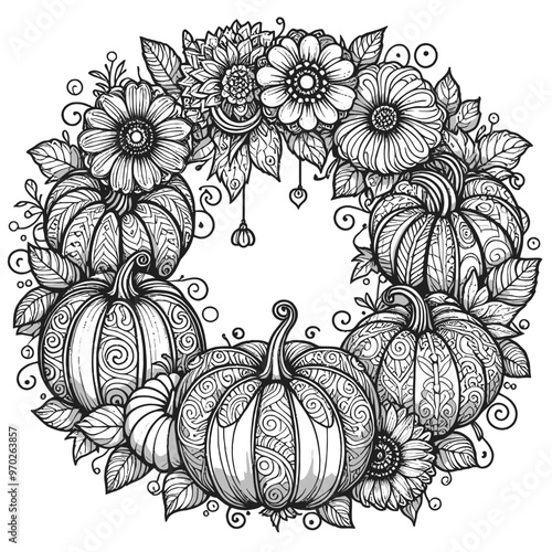 wreath made of pumpkins and swirling flowers coloring page