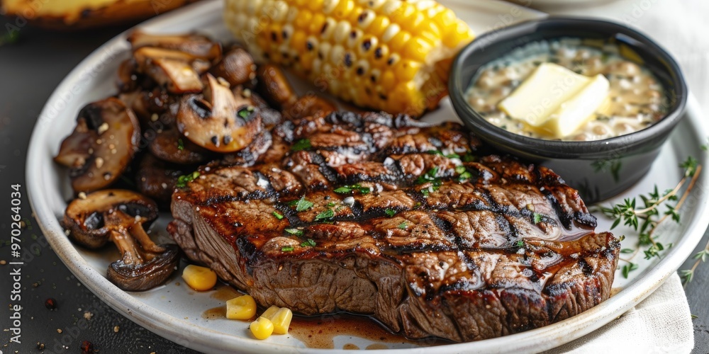 Grilled Steak with Mushrooms, Buttered Corn on the Cob, and a Baked Potato Grilled Steak with Mushrooms, Buttered Corn on the Cob, and a Baked Potato