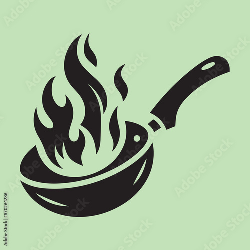 hot frying pan, Cooking poster with cooking pan, fire flame, frying pan black silhouette simple vector,