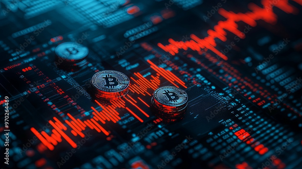 Bitcoin Coins on a Stock Market Chart Display Bitcoin Coins on a Stock Market Chart Display