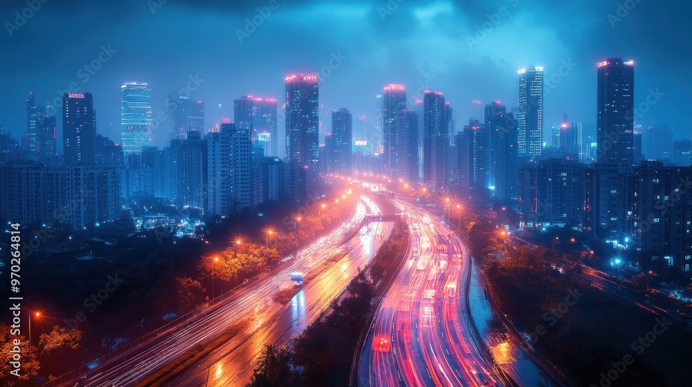 Night Cityscape with Highway and Buildings Night Cityscape with Highway and Buildings