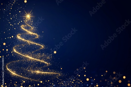 Abstract golden christmas tree sparkling on blue background with copy space for design and decoration