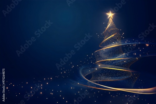 Abstract gold christmas tree sparkling on dark blue background with lights and blank space for design