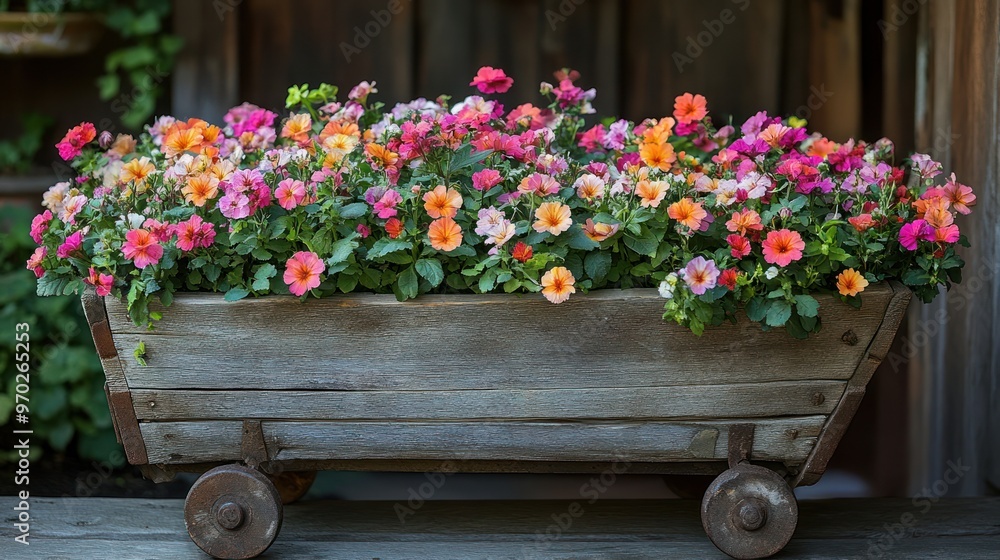 Fototapeta premium Colorful Flowers in a Rustic Wooden Cart