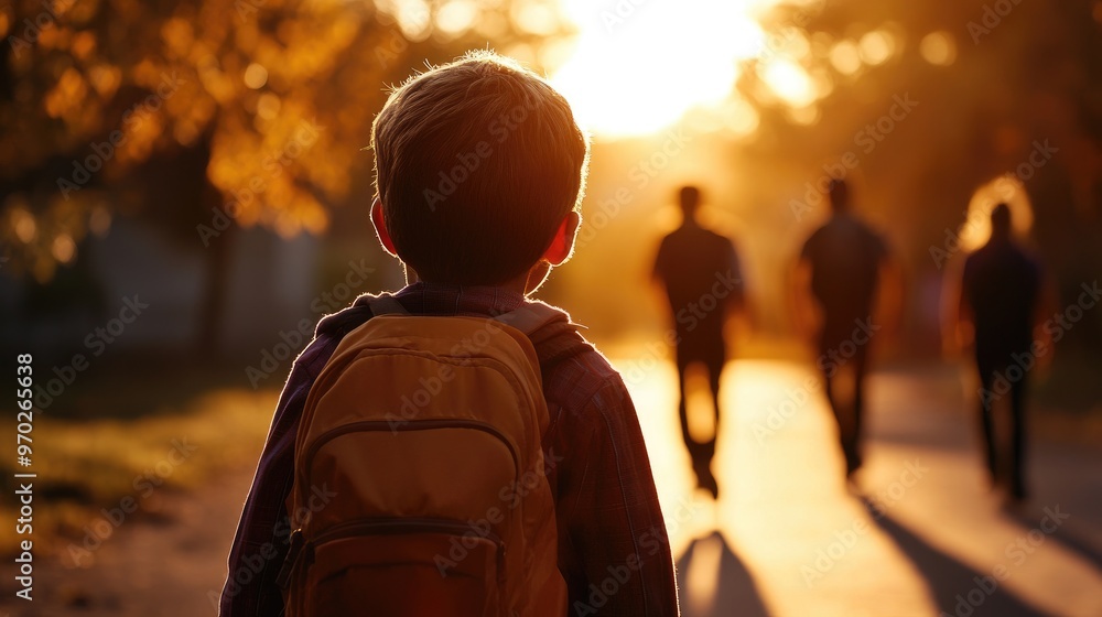 child walking home alone, looking over their shoulder anxiously, with bullies in the distance child walking home alone, looking over their shoulder anxiously, with bullies in the distance