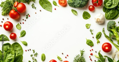 A frame of fresh vegetables and herbs on a white background, including tomatoes, garlic, broccoli, spinach, and rosemary.