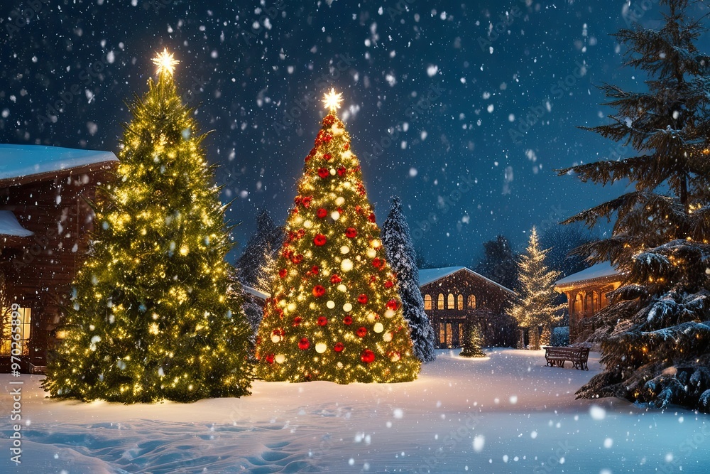 Enchanting Christmas Wonderland Featuring Snowfall Lush Trees and Glimmering Lights Enchanting Christmas Wonderland Featuring Snowfall Lush Trees and Glimmering Lights