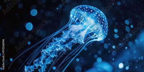 Close up of a luminous blue jellyfish its transparent body glowing with bioluminescence creating a magical and wondrous scene in the enigmatic underwater realm photo