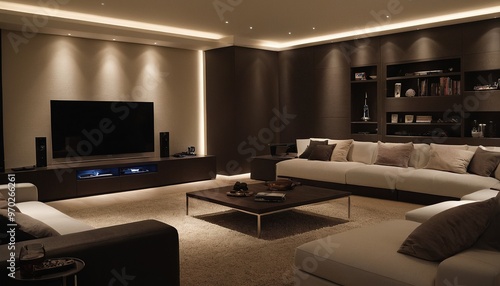 Modern minimalist living room with eco fireplace. Modern living room with sofa and television 38