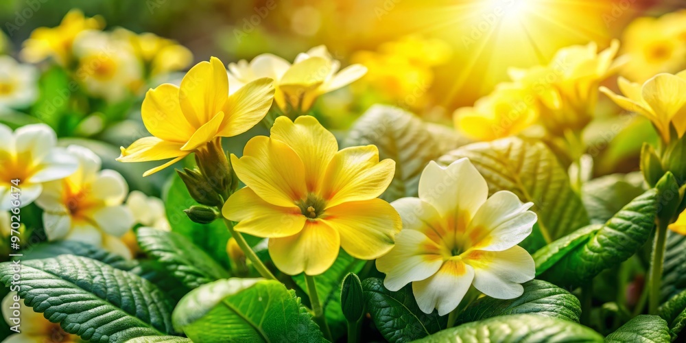 Obraz premium Vibrant yellow primrose and jasmine flowers bloom amidst lush green foliage on a sunny day, filling the air