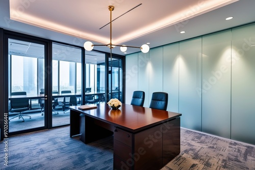 Wallpaper Mural Contemporary Soft-Focused Ambiance of a Polished Corporate Office Space with Large Windows and Soothing Lighting Torontodigital.ca