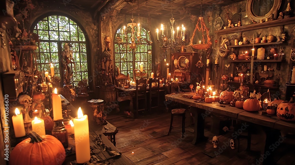 Gothic and seasonal Halloween decorations with spooky ambiance Gothic and seasonal Halloween decorations with spooky ambiance