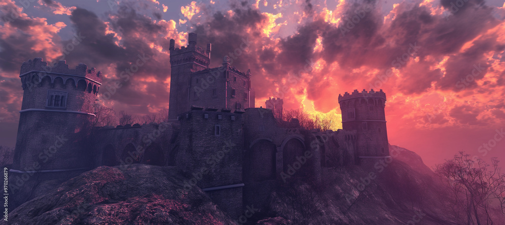 The Gothic medieval ruins on a hill, game background, Illustration The Gothic medieval ruins on a hill, game background, Illustration