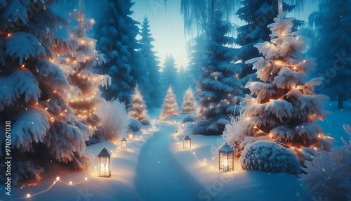 A winter scene featuring a snow covered path winding through a forest adorned with frosted evergreens