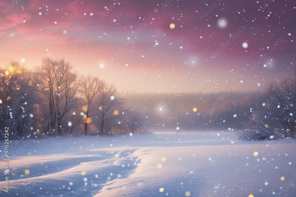 Serene Winter Scene with Soft Snow and Golden Highlights Under a Berry Sky Serene Winter Scene with Soft Snow and Golden Highlights Under a Berry Sky