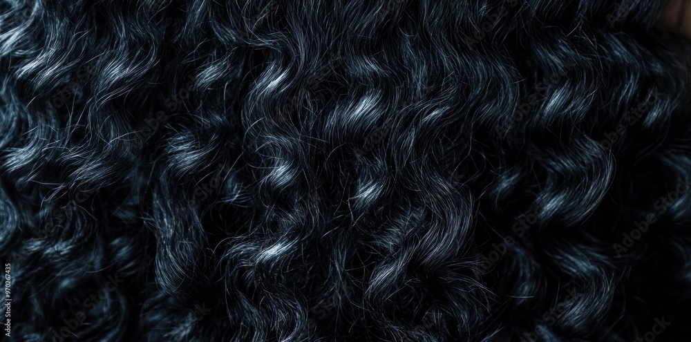Fototapeta premium Close up long black curly hair. Understanding Diversity of African Hair Textures From Tight Coils to Loose Curls Based on Genetics and Grooming. Concept African Hair Textures, Hair Grooming Practices