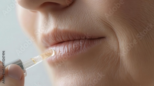 A close-up of a woman applying lip serum to enhance hydration and achieve smoother, healthier lips.