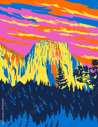 WPA poster art of the Wawona Tunnel View of Yosemite Valley, El Capitan, Bridalveil Fall in Yosemite National Park, California USA done in works project administration or federal art project style.
