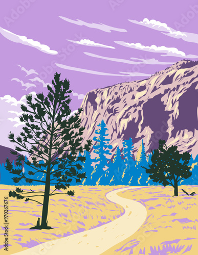 WPA poster art of the Tuolumne Meadows in the eastern section of Yosemite National Park, California USA done in works project administration or federal art project style or federal art project style.