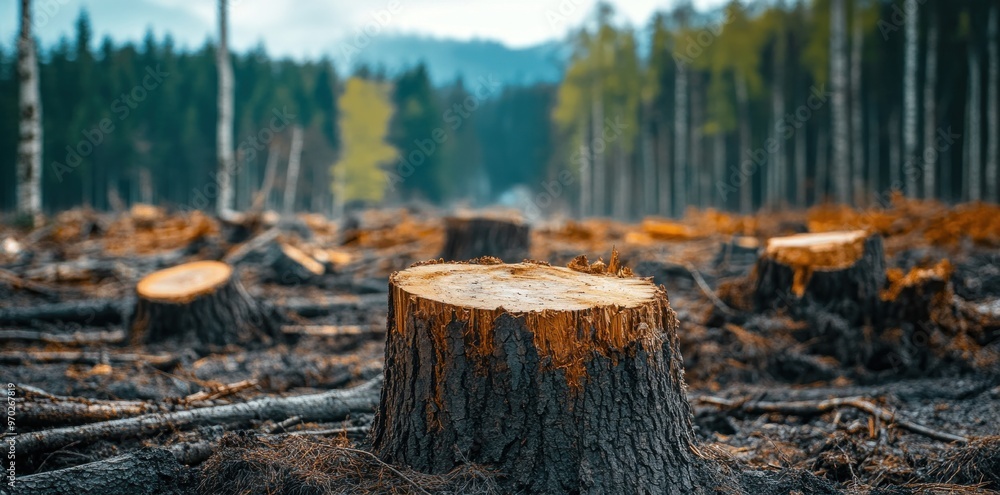 A forest fire has burned down many trees. Deforestation Clearcut forest with stumps and fallen trees showing impact on climate. Concept Environmental Destruction, Impact of Deforestation A forest fire has burned down many trees. Deforestation Clearcut forest with stumps and fallen trees showing impact on climate. Concept Environmental Destruction, Impact of Deforestation