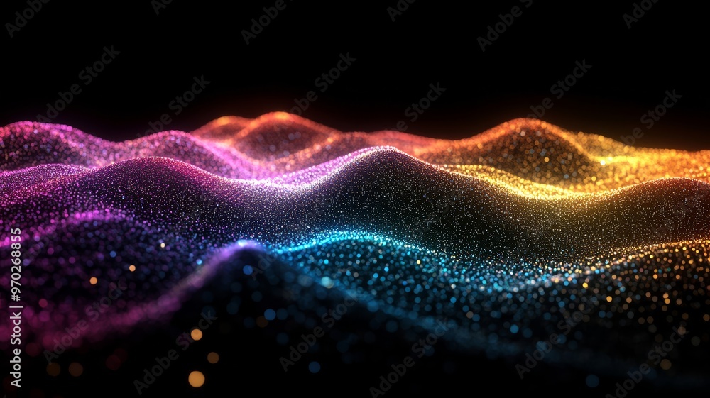 Colorful digital wave landscape in darkness Colorful digital wave landscape in darkness