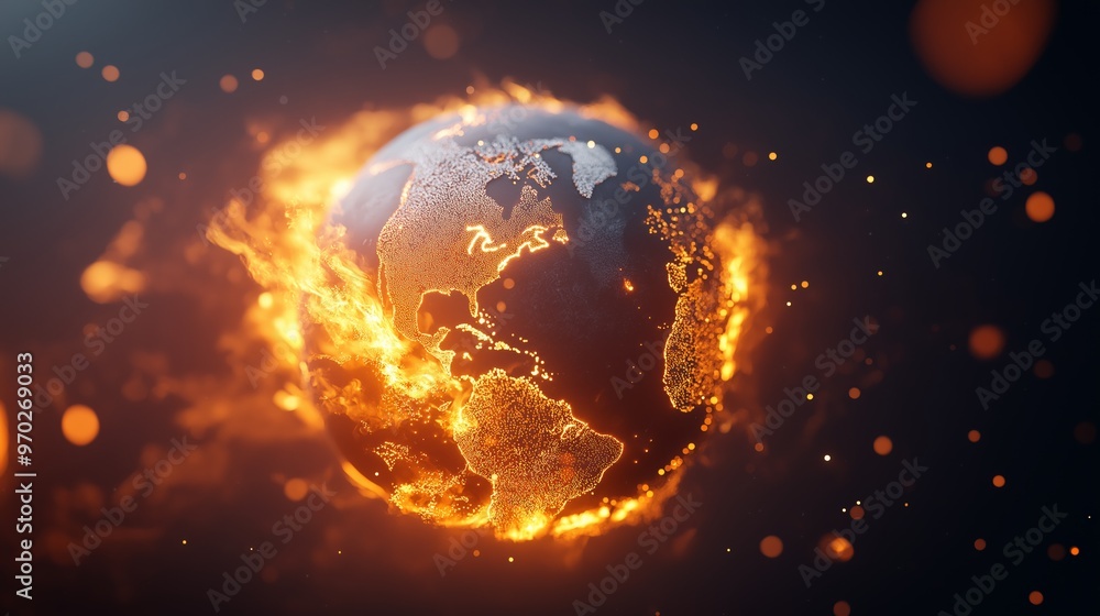 Fototapeta premium A global view of Earth engulfed in flames highlighting climate change and environmental concerns in a digital art representation.