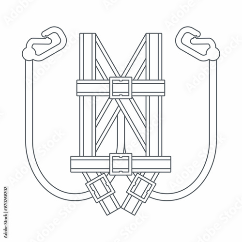 Outlined full body harness for personal protective equipment for working at height safety standard. Icon, symbol, and vector illustration.