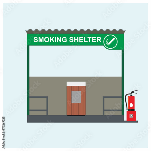 Temporary designated smoking shelter with sign, fire extinguisher, chair, and roof. Facility for construction worksite.