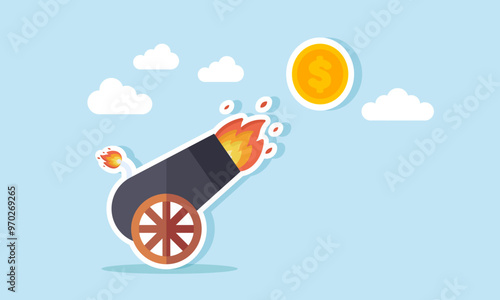 A cannon firing a gold dollar coin upon explosion, illustration of The dollar strength due to worsening economic conditions