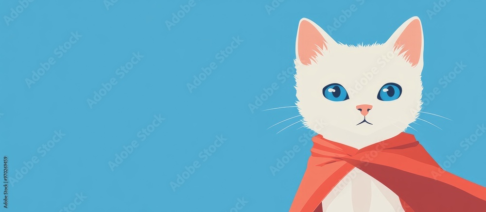 Fototapeta premium Adorable White Kitten With Blue Eyes Wearing A Red Cape Against A Blue Sky