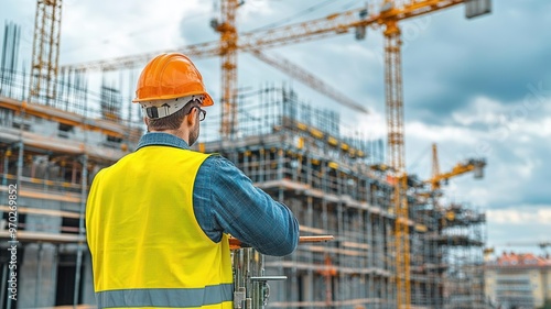 Structural engineer inspecting safety of scaffolding at a large building project, sky filled with construction cranes, detailed and gritty textures