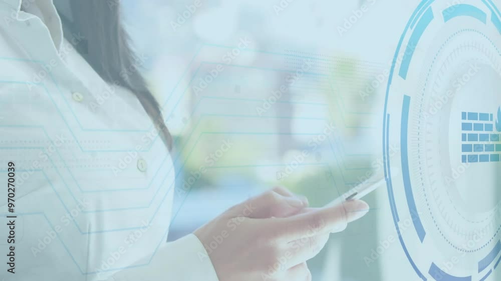 Animation of scope scanning over asian businesswoman using smartphone in office Animation of scope scanning over asian businesswoman using smartphone in office