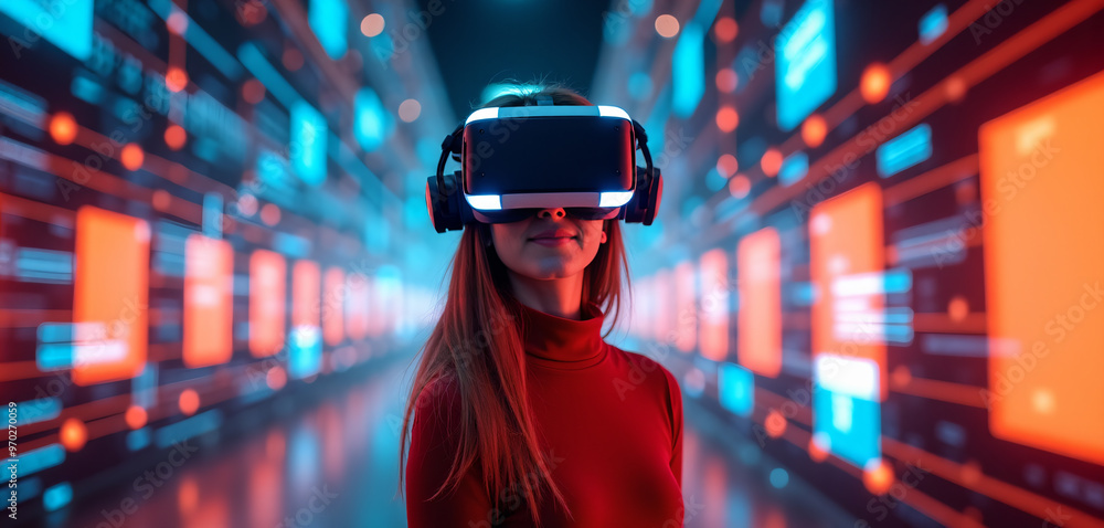 Woman Wearing VR Headset in a Digital Data Environment Woman Wearing VR Headset in a Digital Data Environment