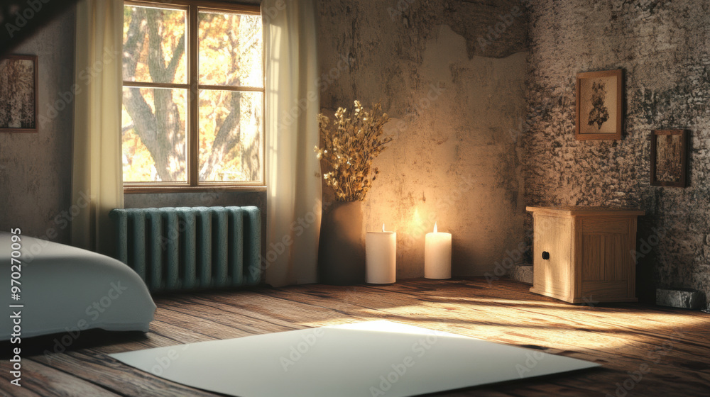 Fototapeta premium A cozy interior scene featuring sunlit room with window, wooden floor, and soft furnishings. warm ambiance is enhanced by candles and decorative plant, creating serene atmosphere