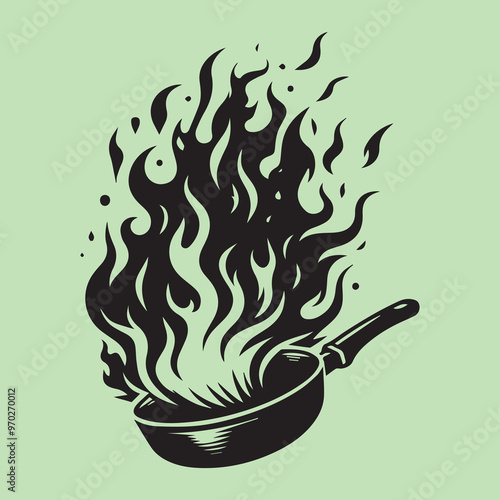 hot frying pan, Cooking poster with cooking pan, fire flame, frying pan black silhouette simple vector,