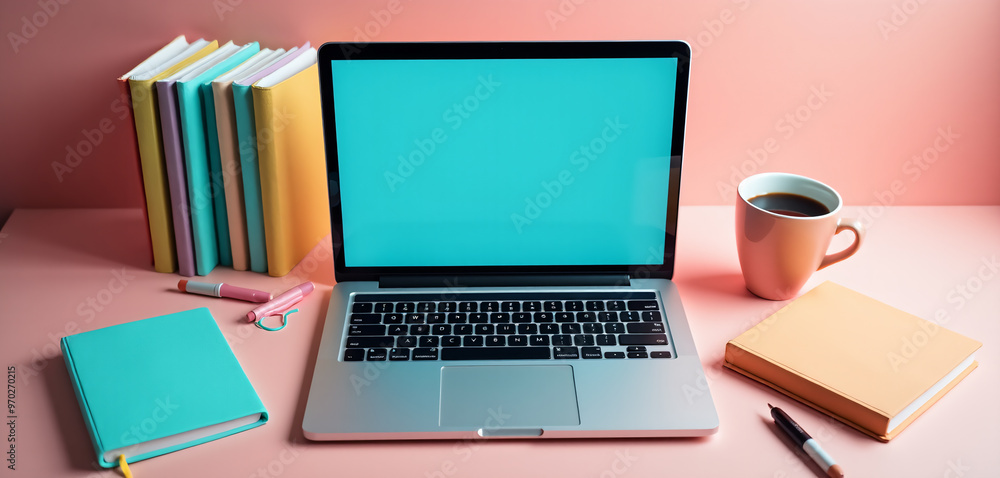 Laptop with Blank Screen and Books on Colorful Desk Laptop with Blank Screen and Books on Colorful Desk
