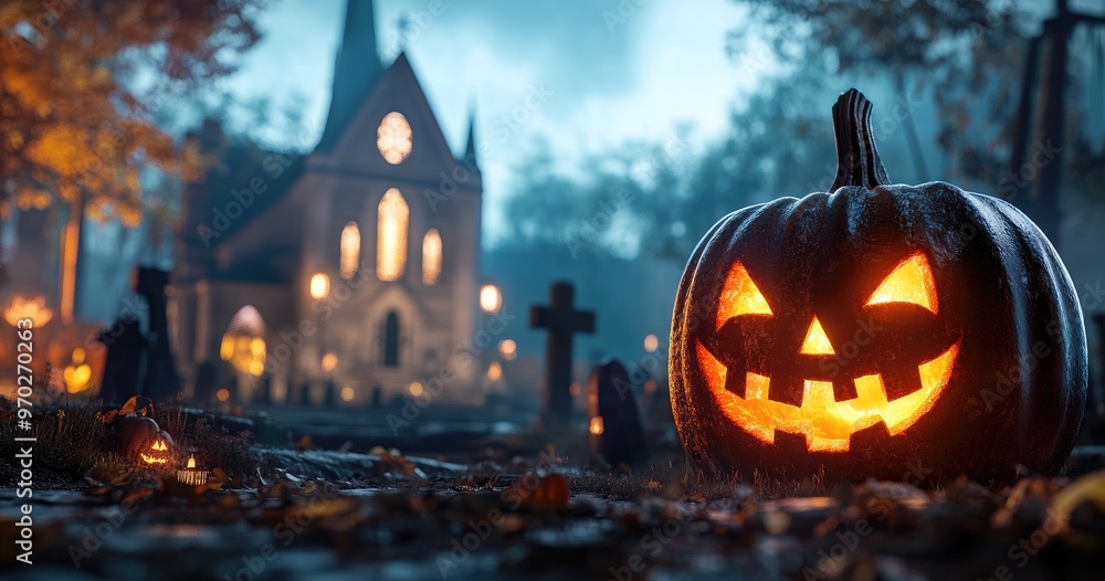 A glowing jack-o'-lantern sits in the foreground with a spooky church and graveyard in the background. A glowing jack-o'-lantern sits in the foreground with a spooky church and graveyard in the background.