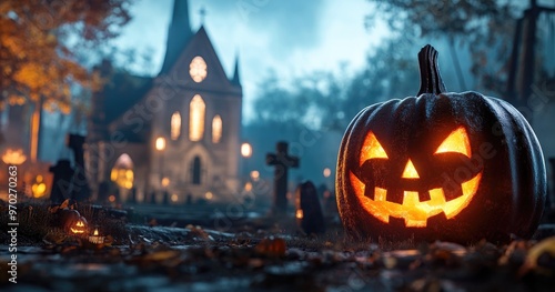 A glowing jack-o'-lantern sits in the foreground with a spooky church and graveyard in the background.