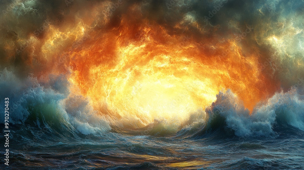 Fototapeta premium Fiery Vortex in a Stormy Sea