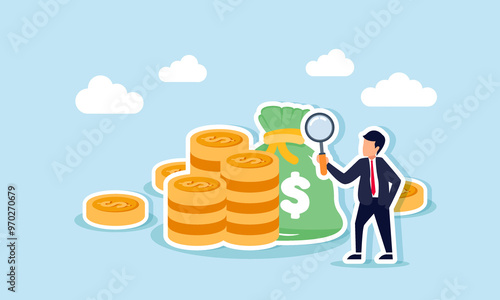 A businessman analyzing a pile of coins and money bags with a magnifying glass, illustration of Analyzing or researching company profit to identify areas for improvement