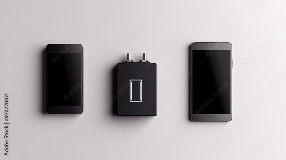 Modern black smartphone charger between two sleek mobile devices on a minimalist background, showcasing technology and design. Modern black smartphone charger between two sleek mobile devices on a minimalist background, showcasing technology and design.