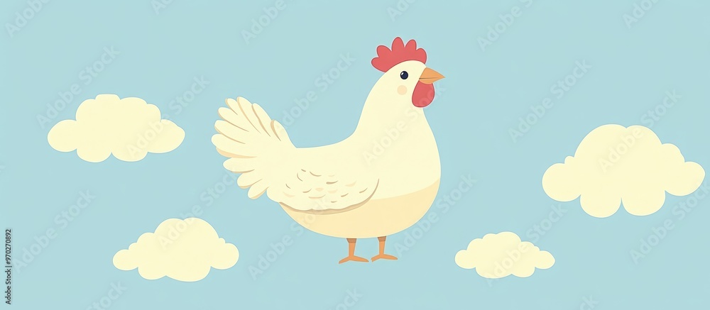 Naklejka premium Adorable Chicken On Yellow Background With Cloudy Blue Sky